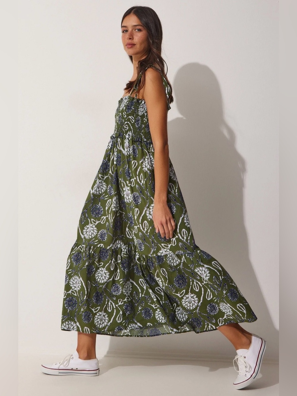 Zara Olive Floral Tie-Shoulder Maxi Dress - Picture 1 of 8